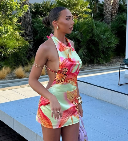 Lucia Backless Mini Dress With Flower Detail